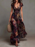 Rowena | Abstract Floral Deep V-Neck Flutter-Sleeve Maxi Dress | Velbrooke