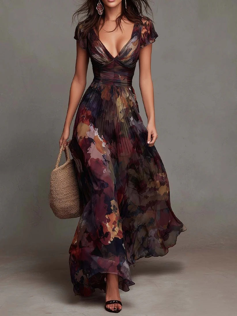Rowena | Abstract Floral Deep V-Neck Flutter-Sleeve Maxi Dress | Velbrooke