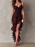 Sylvie | Rose Print Lace-Trim Ruffle High-Low Dress | Velbrooke