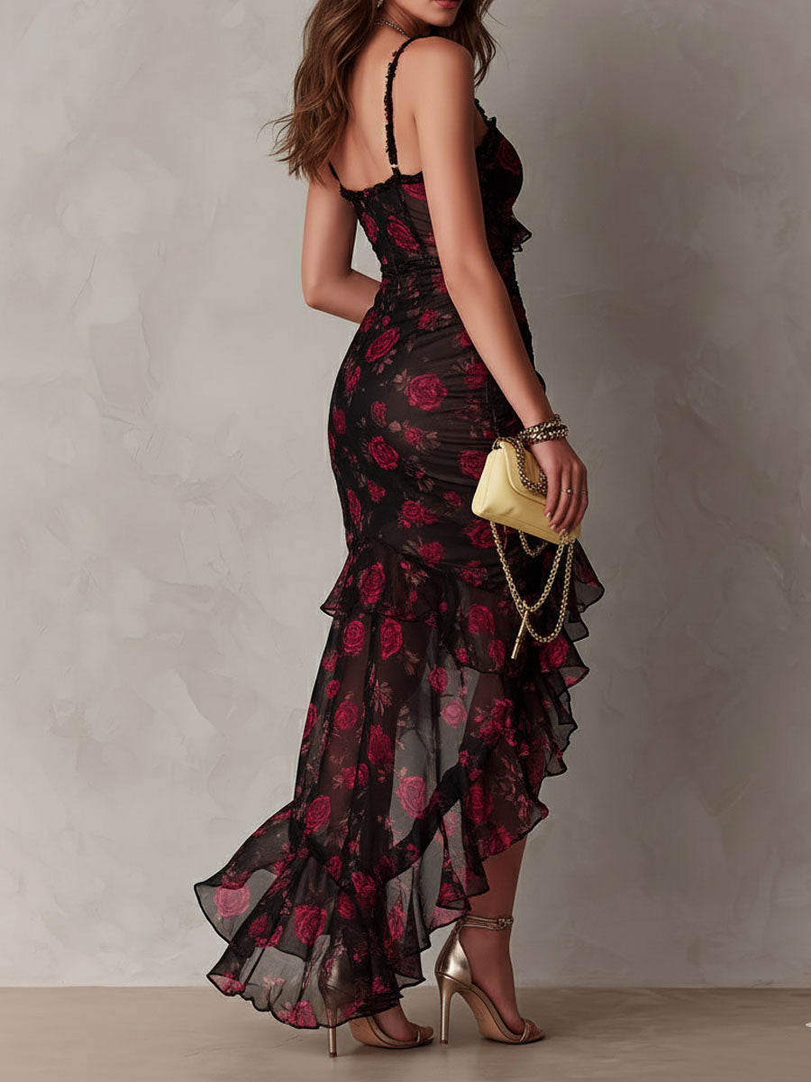 Sylvie | Rose Print Lace-Trim Ruffle High-Low Dress – photo 3