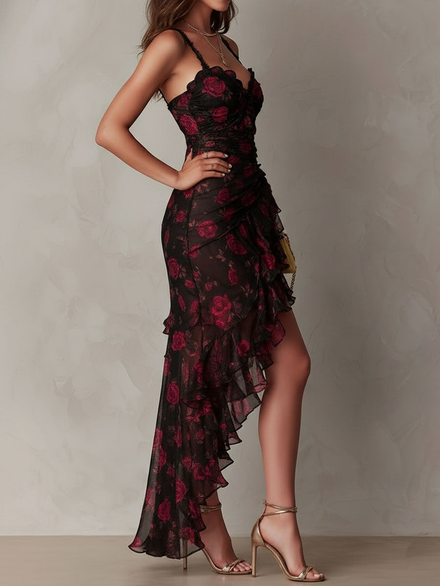 Sylvie | Rose Print Lace-Trim Ruffle High-Low Dress – photo 4