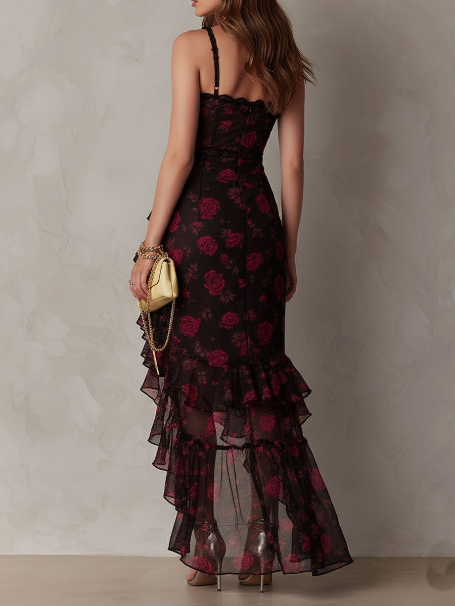 Sylvie | Rose Print Lace-Trim Ruffle High-Low Dress – photo 5