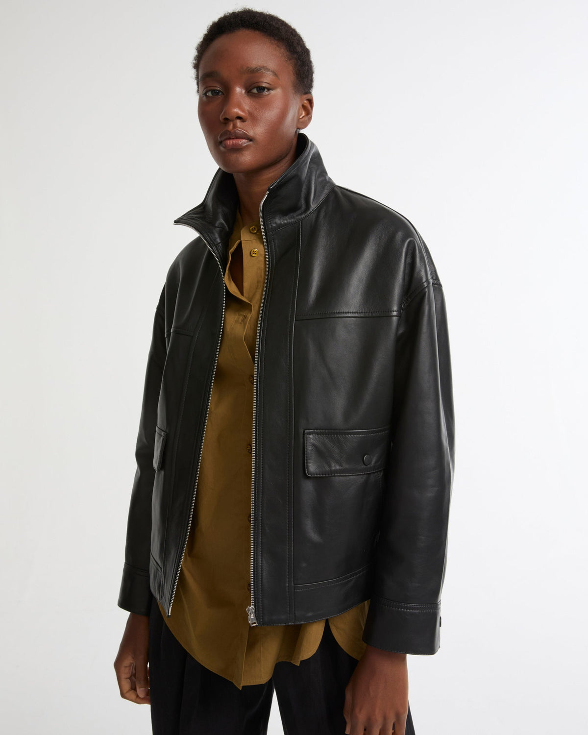 Tamsin | Funnel-Neck Aviator Jacket - Black | Velbrooke