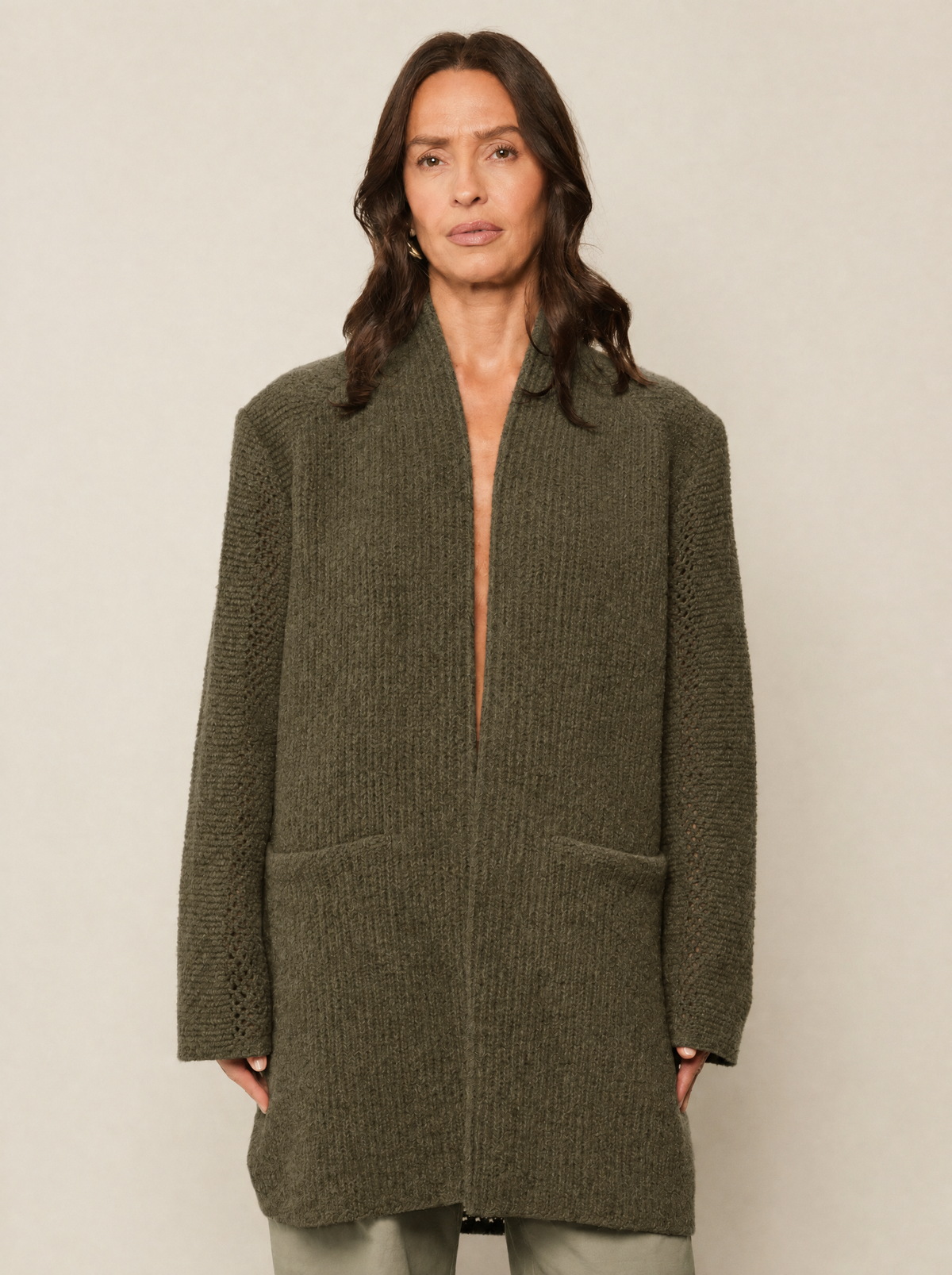 Tamsin | Open Knit Lapel Jacket – Dark Khaki