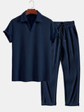 Thorne Men's Textured V-Neck Polo & Trousers Set | Velbrooke