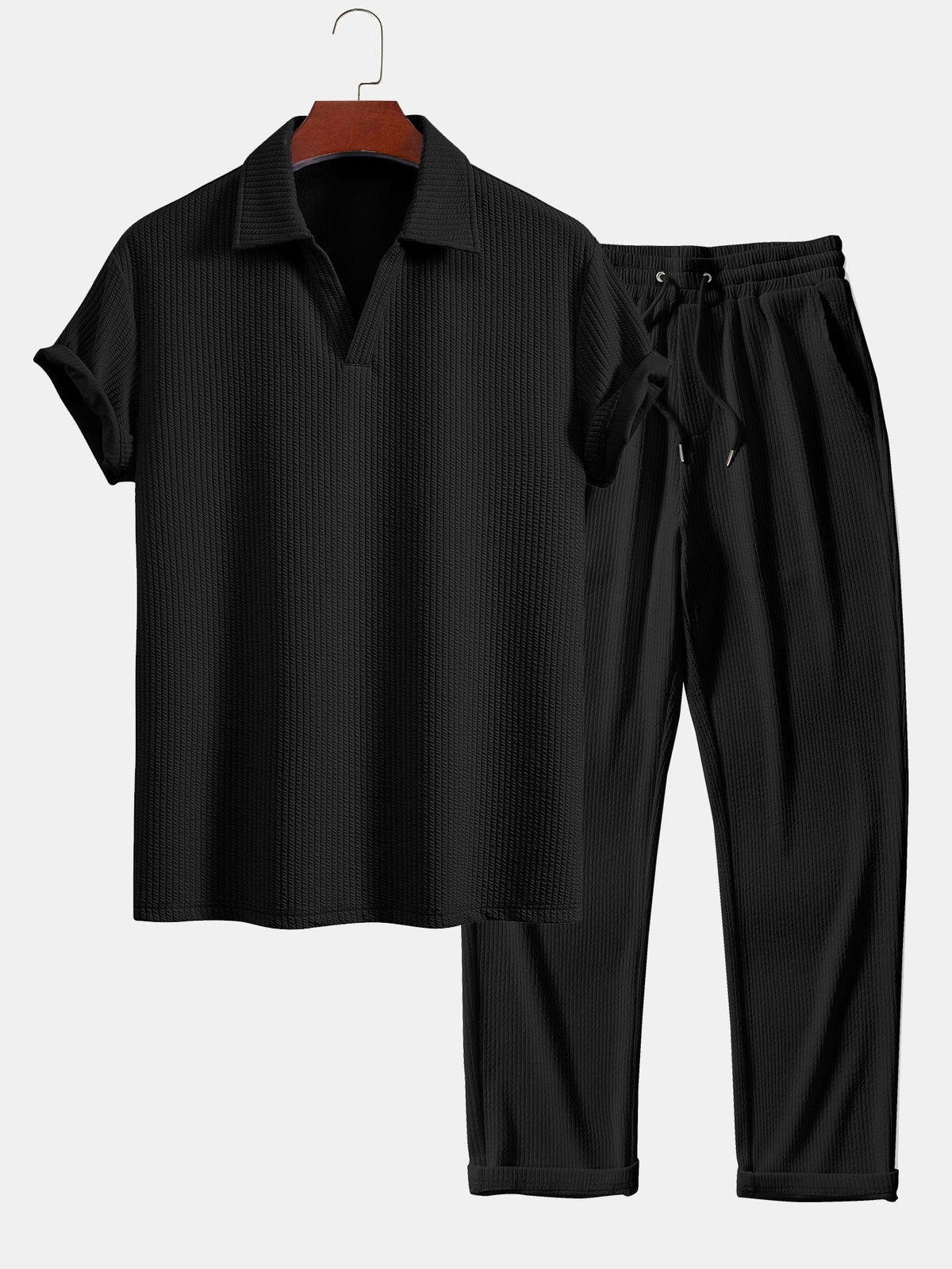 Thorne Men's Textured V-Neck Polo & Trousers Set – photo 2