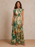 Verity | Tropical Botanical Mock-Neck Flutter-Sleeve Chiffon Maxi Dress | Velbrooke