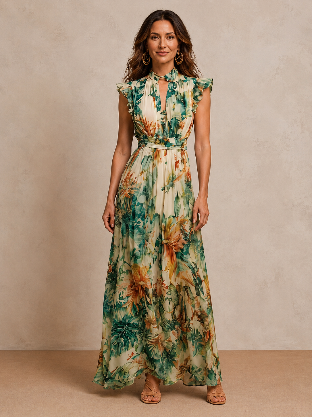 Verity | Tropical Botanical Mock-Neck Flutter-Sleeve Chiffon Maxi Dress | Velbrooke
