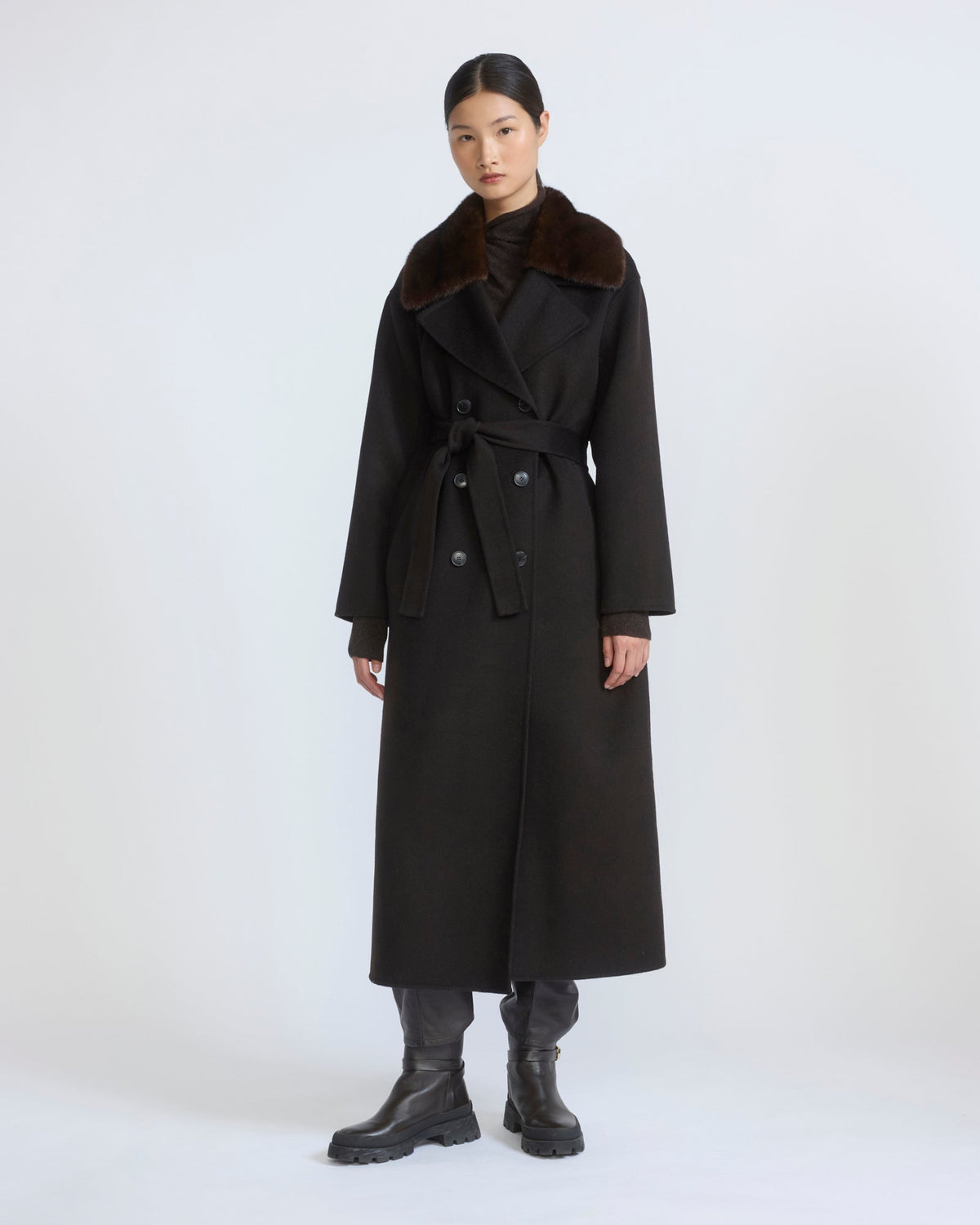 Vivienne | Belted Coat with Detachable Plush Collar - Chestnut | Velbrooke