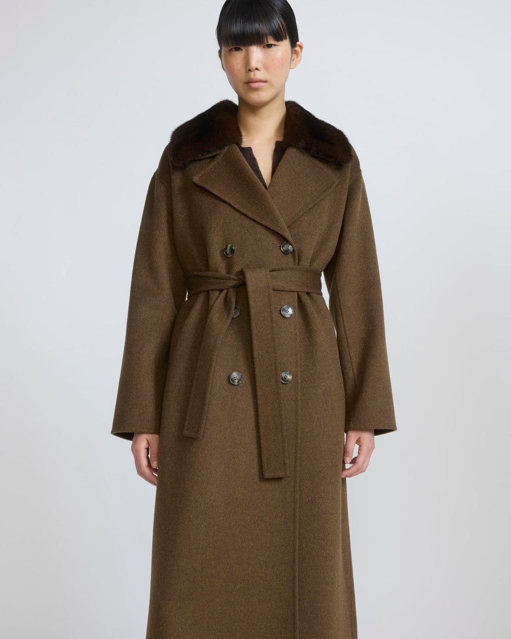Vivienne | Belted Coat with Detachable Plush Collar - Espresso | Velbrooke